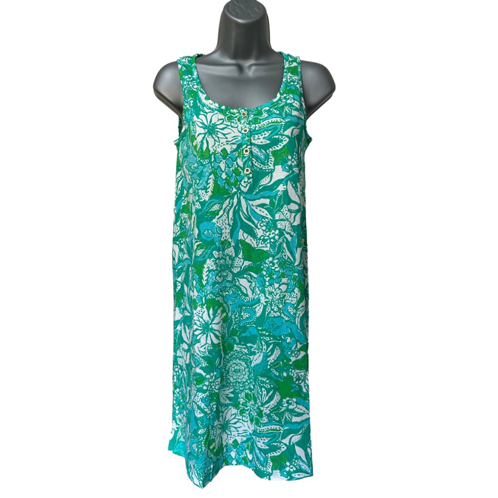 NWOT Lilly Pulitzer Lela Henley Tank Dress
Botanical Green Safari Sangria XXS